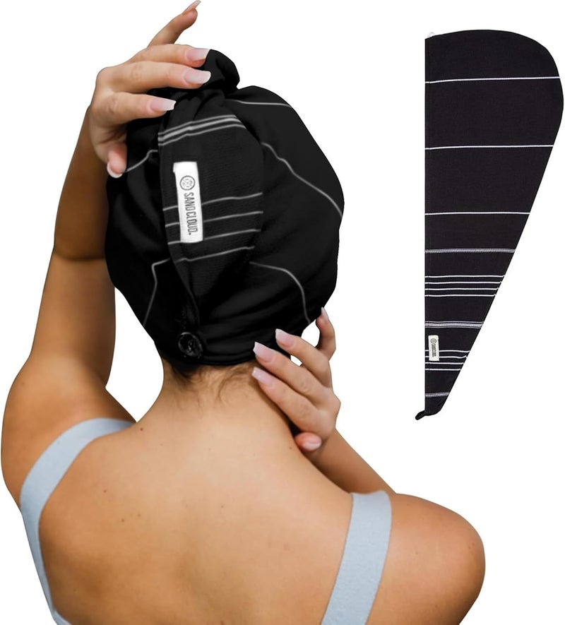 Sand Cloud Hair Towel Wrap for Women & Men, (Black, Classic) - 100% Turkish Cotton Quick Hair Drying Towel Wrap - Absorbent Half Terry Weave Hair Plop Head Towel Wrap with Binding Edge - Image 1